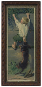 Antique French print of a dog chasing a boy, embossed chromolithograph in original carved timber frame, circa 1890s, ​50 x 23cm overall