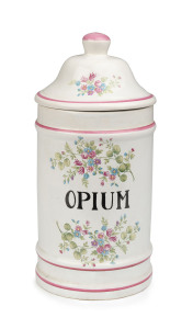 OPIUM pharmacist jar, French hand-painted porcelain, most likely Limoges, late 19th century, 30cm high