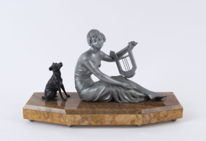 GEORGE MAXIM (attributed), Art Deco statue of a lady and hound, cold painted spelter on marble base circa 1930, 22cm high, 36cm wide
