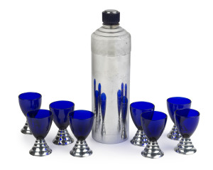 CHASE "Blue Moon" American Art Deco cocktail set with shaker and eight glasses, chromium and Bristol blue glass, circa 1932. The Blue Moon set retailed for US$125 in 1932, the shaker 30cm high