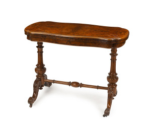 An antique English card table, burr walnut with fold-over top, circa 1875, ​73cm high, 96cm wide, 50cm deep (100cm when open),