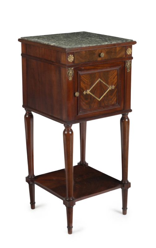 An antique French pot cabinet, flame mahogany with ormolu mounts, green marble top and white marble interior, 19th century, ​83cm high, 38cm wide, 38cm deep