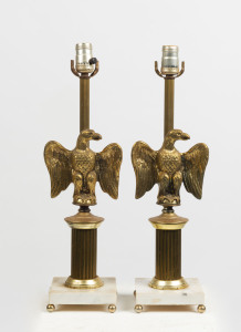 A pair of American eagle table lamps, brass and marble, mid 20th century, 51cm high