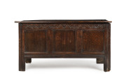 An antique English oak coffer with peg joint construction, 18th century, 68cm high, 128cm wide, 52cm deep