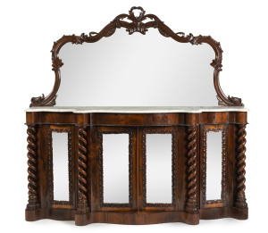An impressive antique English credenza, rosewood with double helix columns and marble top, brass maker's label inside the centre doors "DRUCE & CO Upholsterers & Cabinet Makers Baker Street Portman Square", 19th century, 182cm high, 182cm wide, 45cm deep