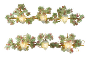 BAROVIER & TOSO (attributed) stunning pair of Murano glass wall lights adorned with grapes and leaves, circa 1940s, original foil labels "Genuine Murano Glass, Made In Italy" and "Made In Italy", plus original "Farmers & Co. Sydney" retailers label. Established in 1839 Farmers were considered Sydney's most prestigious emporiums, in 1960 the company was absorbed into the Grace Brothers empire. 35cm high, 125cm wide