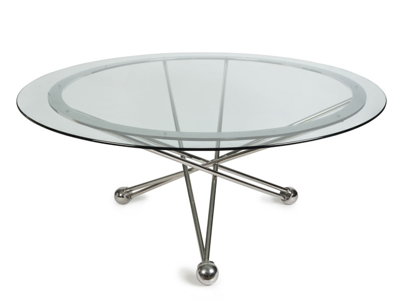 An Italian retro circular dining table, chrome base with glass top, 20th century, ​75cm high, 167cm diameter