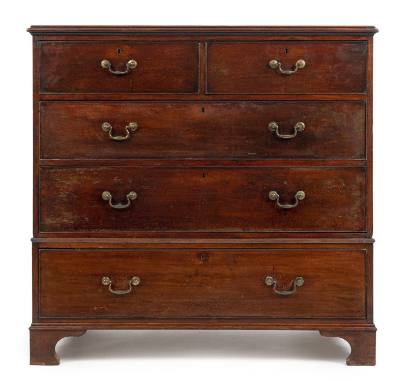A Georgian mahogany five drawer chest, two sectional for transportation, circa 1800, 122cm high, 125cm wide, 63cm deep