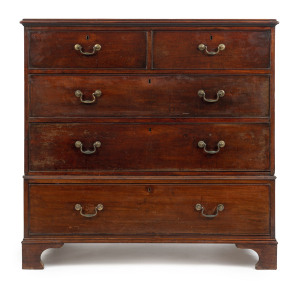 A Georgian mahogany five drawer chest, two sectional for transportation, circa 1800, 122cm high, 125cm wide, 63cm deep