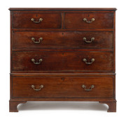 A Georgian mahogany five drawer chest, two sectional for transportation, circa 1800, 122cm high, 125cm wide, 63cm deep