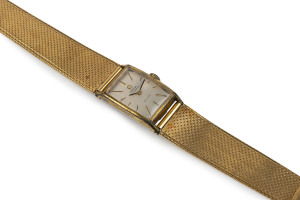OMEGA "Deville" ladies automatic wrist watch on 18th yellow gold band, circa 1960, bracelet weight (minus movement) 38 grams