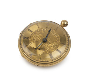 An Irish 18ct gold cased open face pocket watch with English lever key wind movement, circa 1844, dial beautifully engraved with town scene, Roman numerals and subsidiary seconds dial, 5cm high, total weight with movement 60 grams