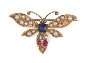 Antique gold butterfly brooch set with diamonds, rubies, sapphire and seed pearls, circa 1900, 4cm wide, 5 grams total