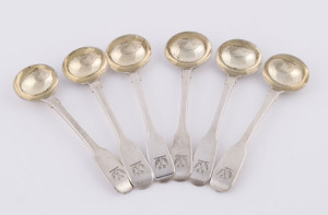 Set of six Georgian sterling silver mustard spoons all crested with a double headed eagle, two by William Eaton of London the other four stamped "J.M." London, circa 1826 and 1828, all with remains of gilt wash finish, 10.5cm long, 91 grams total