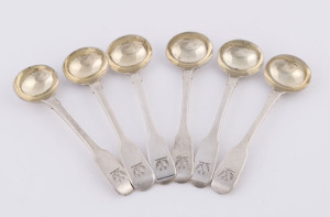 Set of six Georgian sterling silver mustard spoons all crested with a double headed eagle, two by William Eaton of London the other four stamped "J.M." London, circa 1826 and 1828, all with remains of gilt wash finish, 10.5cm long, 91 grams total