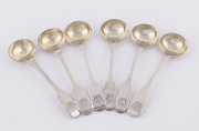 Set of six Georgian sterling silver mustard spoons all crested with a double headed eagle, two by William Eaton of London the other four stamped "J.M." London, circa 1826 and 1828, all with remains of gilt wash finish, 10.5cm long, 91 grams total