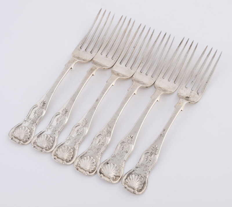 Set of six Scottish sterling silver King's pattern dinner forks by Hay of Edinburgh, circa 1852, ​20cm long, 410 grams total