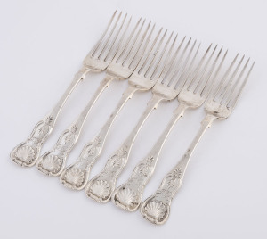 Set of six Scottish sterling silver King's pattern dinner forks by Hay of Edinburgh, circa 1852, 20cm long, 410 grams total