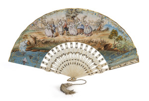 Early European folding fan, c1800-30s, with pierced shaped and metal inlaid bone guards and matching sticks with mother-of-pearl edged rivet and shaped metal loop suspending a tassel; the paper double mount printed and over painted with a scene of figures and a putto in a village landscape and edged with gilt heightened floral motifs; with painted lake scene and floral sprays verso; remnants of feather edging. 50 x 26cm overall