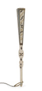 Early European folding fan, c1800-30s, with pierced shaped and metal inlaid bone guards and matching sticks with mother-of-pearl edged rivet and shaped metal loop suspending a tassel; the paper double mount printed and over painted with a scene of figures - 2