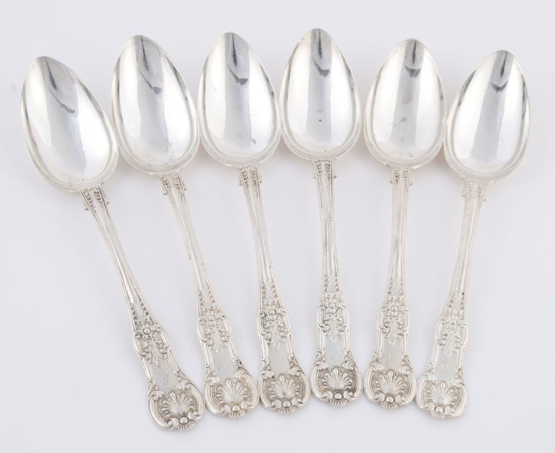 Set of six Scottish sterling silver King's pattern spoons, stamped "W.H." with Glasgow mark, circa 1843, ​19cm long, 288 grams total