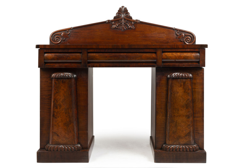 A William IV twin pedestal sideboard, flame mahogany, circa 1835, ​132cm high, 138cm wide, 156cm deep