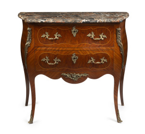 A French bombe secretaire, marquetry kingwood with marble top, 19th century, 85cm high, 93cm wide, 47cm deep