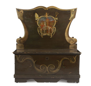 A Northern Italian cassapanca, carved wood and hand-painted with family crest and village scene, 18th century, 118cm high, 104cm wide, 45cm deep