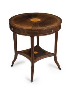 Sheraton revival circular games table, rosewood with satinwood marquetry inlay, fitted with four triangular pivot drawers lined in blue silk, late 19th century, 71cm high, 68cm diameter