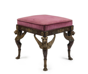A Regency Etruscan revival dressing stool, carved mahogany with ormolu griffin mounts, circa 1820, 48cm high, 50cm wide, 50cm deep