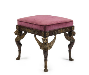 A Regency Etruscan revival dressing stool, carved mahogany with ormolu griffin mounts, circa 1820, ​48cm high, 50cm wide, 50cm deep