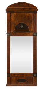 An antique pier mirror, flame mahogany with satinwood string inlay and brass roundels, 19th century, 123 x 48cm