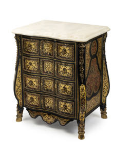 A pair of French boule and ormolu bedside cabinets with marble tops, 20th century, 76cm high, 62cm wide, 44cm deep