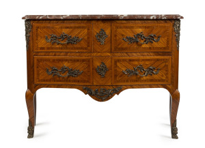 A French three drawer commode, kingwood with ormolu mounts and rouge marble top, 19th century, 84cm high, 123cm wide, 48cm deep