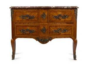 A French three drawer commode, kingwood with ormolu mounts and rouge marble top, 19th century, ​84cm high, 123cm wide, 48cm deep