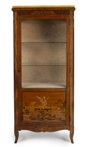 A French vitrine with floral marquetry decoration and marble top, 19th century, 154cm high, 70cm wide, 41cm deep