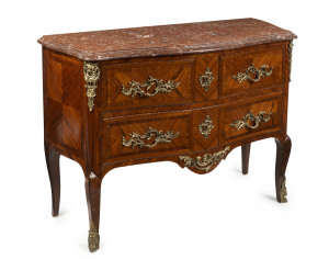 A French three drawer commode, kingwood with ormolu mounts and rouge marble top, 19th century, 84cm high, 123cm wide, 48cm deep