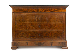 A Louis Phillipe French commode, walnut with satinwood string inlay and black marble top, mid 19th century, 95cm high, 125cm wide, 59cm deep