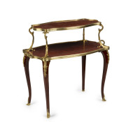 Louis XV style antique French two tier servery table, trellis parquetry with fine ormolu mounts, stamped "J.H.", 19th century, 80cm high, 90cm wide, 49cm deep