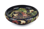 MOORCROFT exhibition pottery fruit bowl with fruit motif, impressed "Moorcroft, Made in England, Stoke on Trent, 13th February 2003, E. Bossons", 12cm high, 44cm diameter