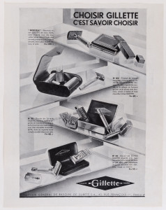 c.1950s evocative French magazine advertising cut-outs for Gillette Razors or for Gibbs Razor Blades, mounted on thin card, each overall 42x30cm.