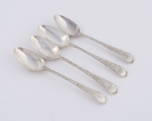 Set of four Georgian sterling silver teaspoons with feather edge engraving, three by Duncan Urquhart and Napthali Hart of London, circa 1802; the other by George Smith V of London, circa 1828, 12.5cm long, 57 grams total
