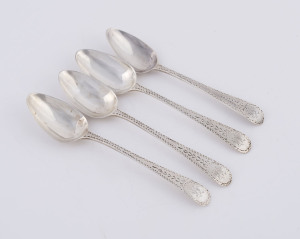 Set of four Georgian sterling silver teaspoons with feather edge engraving, three by Duncan Urquhart and Napthali Hart of London, circa 1802; the other by George Smith V of London, circa 1828, ​12.5cm long, 57 grams total