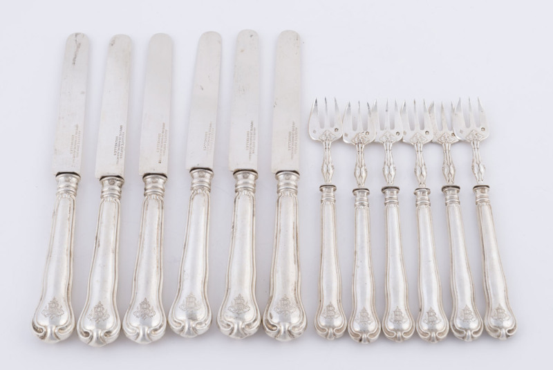 A set of 6 Belgian silver knives and forks by Auguste Defour of Bruxelles, 19th century, the knives 20cm long