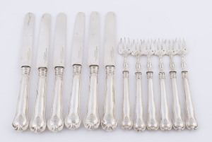 A set of 6 Belgian silver knives and forks by Auguste Defour of Bruxelles, 19th century, the knives 20cm long