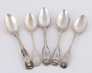 Five assorted Georgian teaspoons, Irish, Scottish, English and unknown (possibly Colonial British), 18th/19th century, ​the largest 14.5cm long, 130 grams total