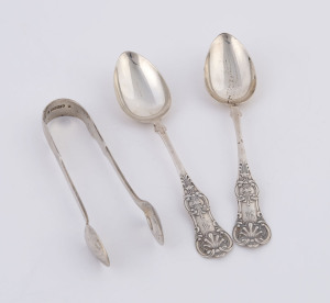 A pair of Scottish sterling silver teaspoons made in Glasgow, circa 1867; together with a pair of Scottish silver sugar nips made in Glasgow, circa 1885, 57 grams total