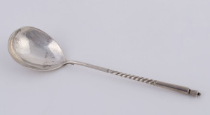 A Russian silver spoon with twist stem, reverse engraved with floral design, 19th century, 16.5cm long, 30 grams