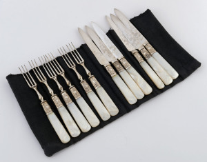 Set of six fruit knives and forks with silver collars, mother of pearl handles and engraved blades, 19th century, ​the knives 18cm long