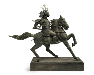 A Japanese Samurai and horse statue, cast metal, 20th century, 124cm high, 150cm wide, 34cm deep